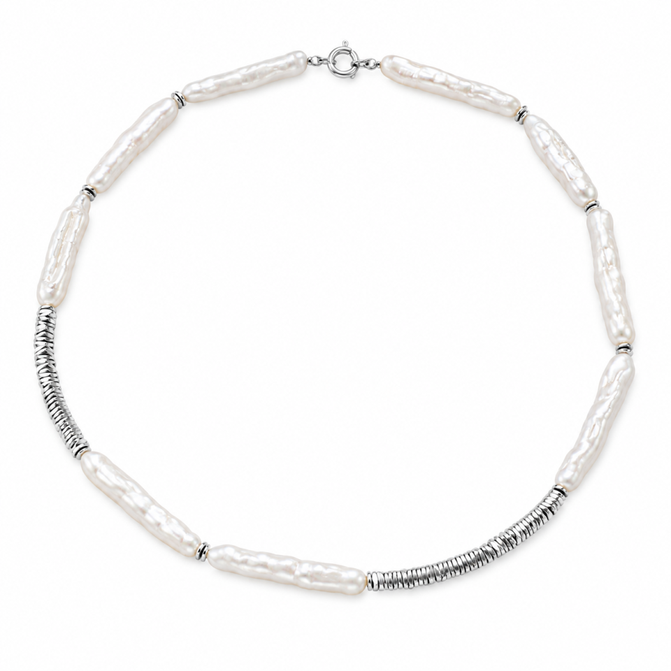 Colier perle baroq baguette 2cm cu hematit, inchidere argint 925
